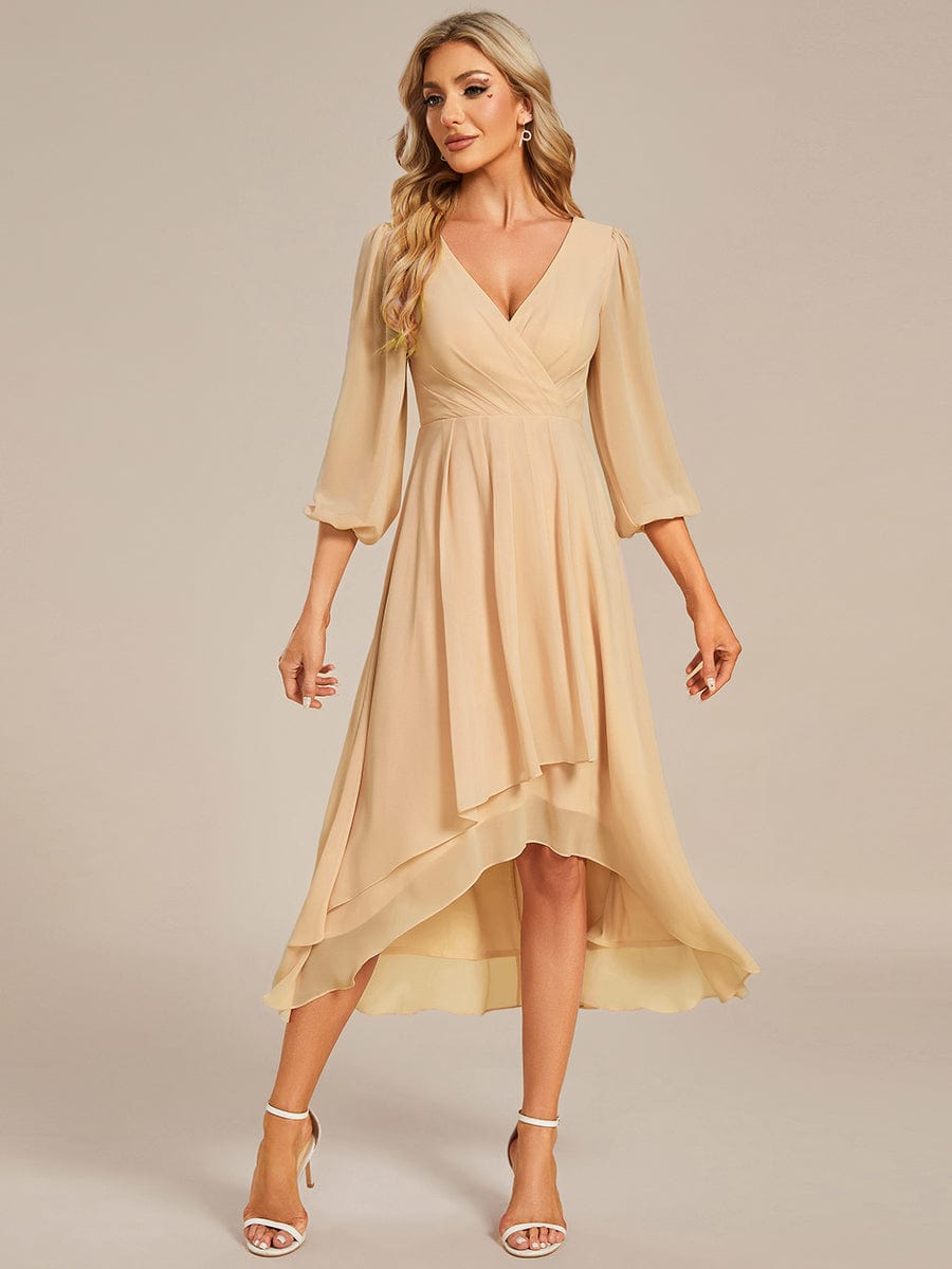 See-Through Long Sleeves V-Neck A-Line Chiffon Wedding Guest Dress #color_Champagne