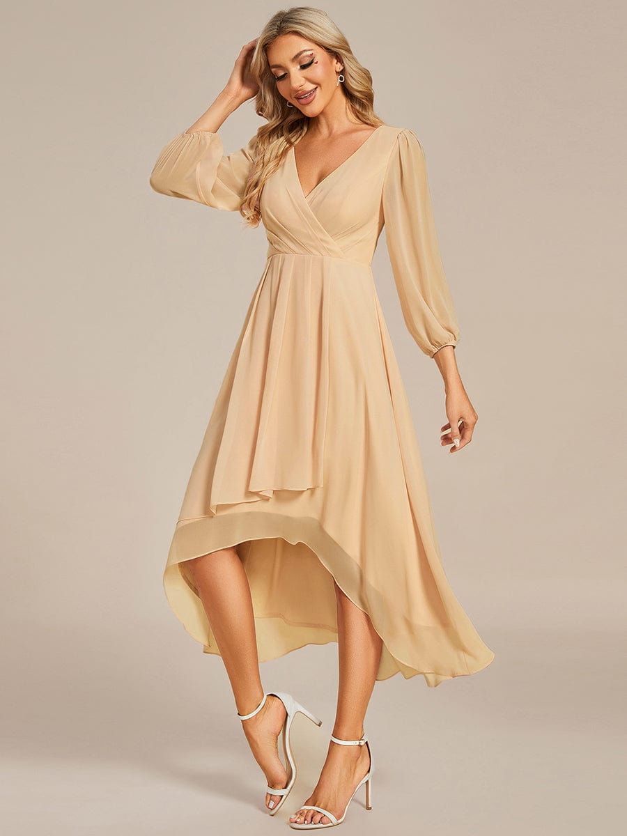 See-Through Long Sleeves V-Neck A-Line Chiffon Wedding Guest Dress #color_Champagne