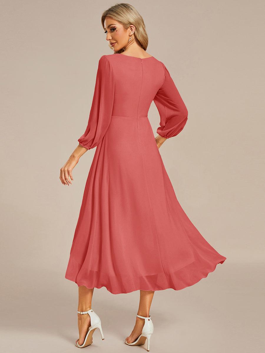 See-Through Long Sleeves V-Neck A-Line Chiffon Wedding Guest Dress #color_Coral