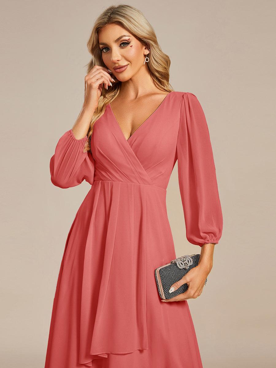 See-Through Long Sleeves V-Neck A-Line Chiffon Wedding Guest Dress #color_Coral