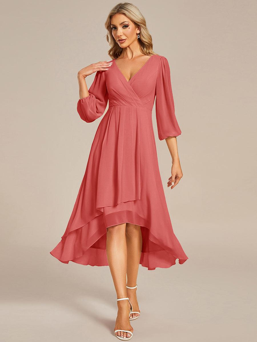 See-Through Long Sleeves V-Neck A-Line Chiffon Wedding Guest Dress #color_Coral