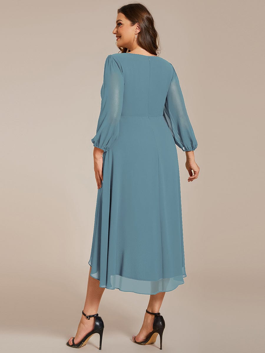 Long Sleeves Asymmetrical Hem A-Line Midi Wedding Guest Dress #color_Light Teal