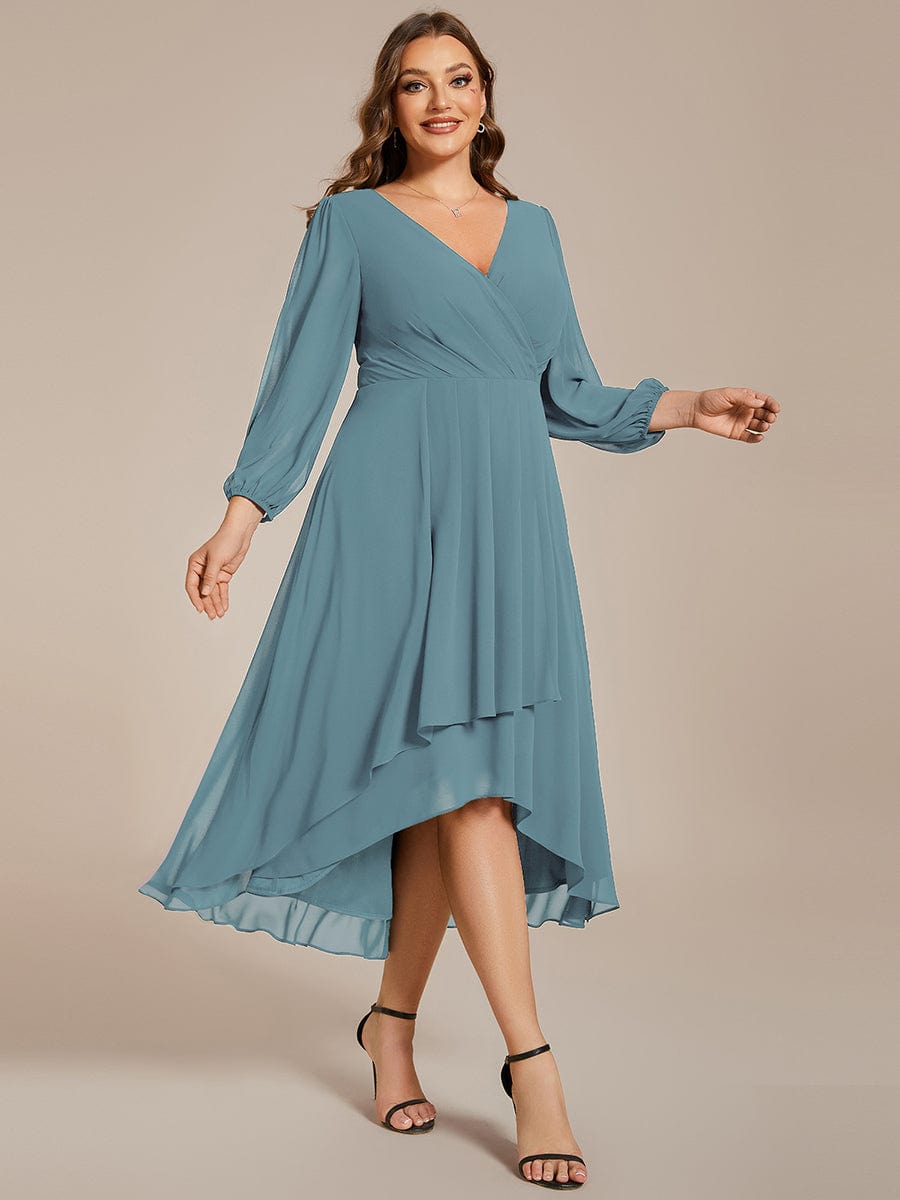 Plus Size Chiffon A-Line Long Sleeves Asymmetrical Hem Wedding Guest Dress #color_Light Teal