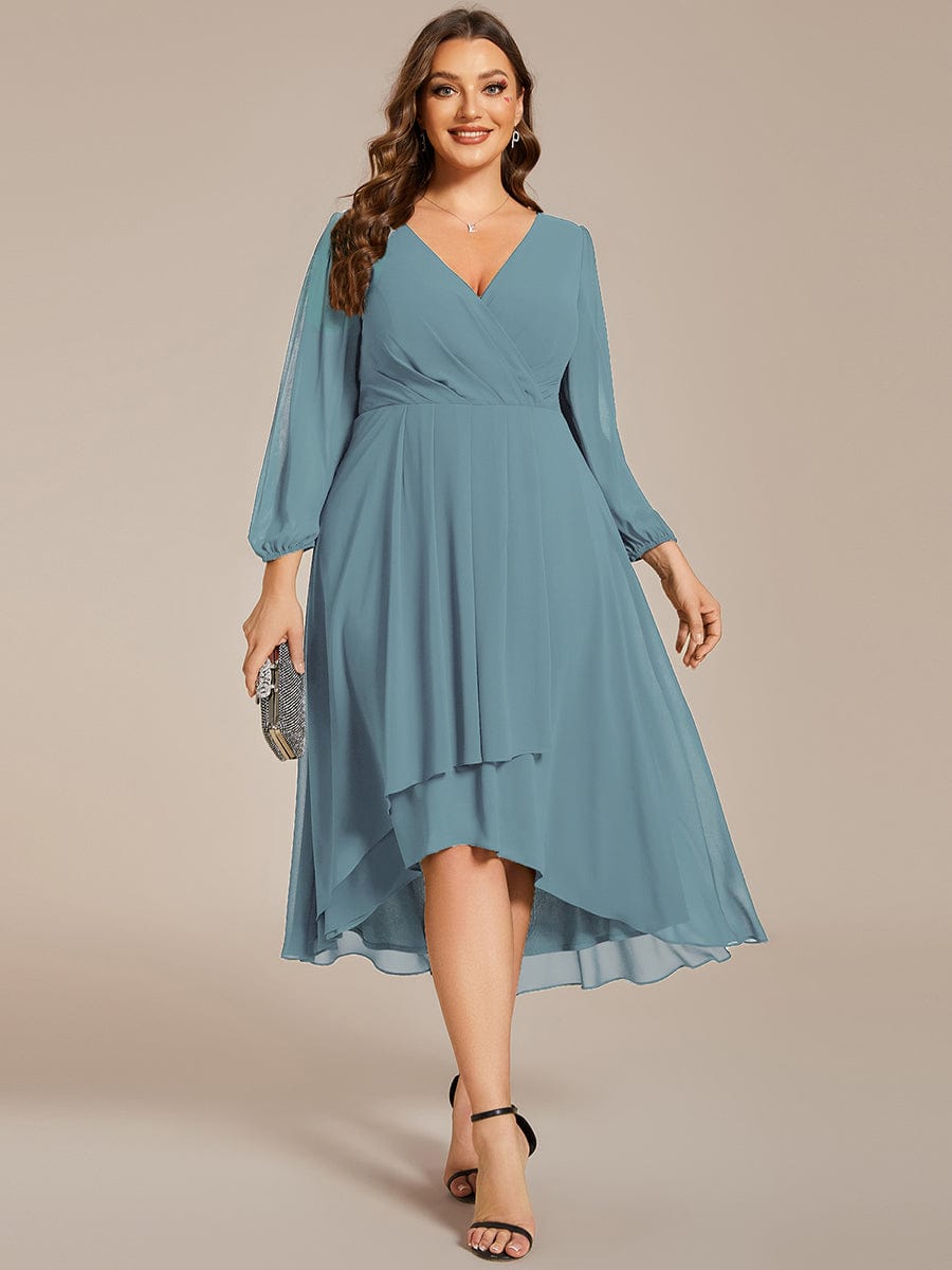 Plus Size Chiffon A-Line Long Sleeves Asymmetrical Hem Wedding Guest Dress #color_Dusty Blue