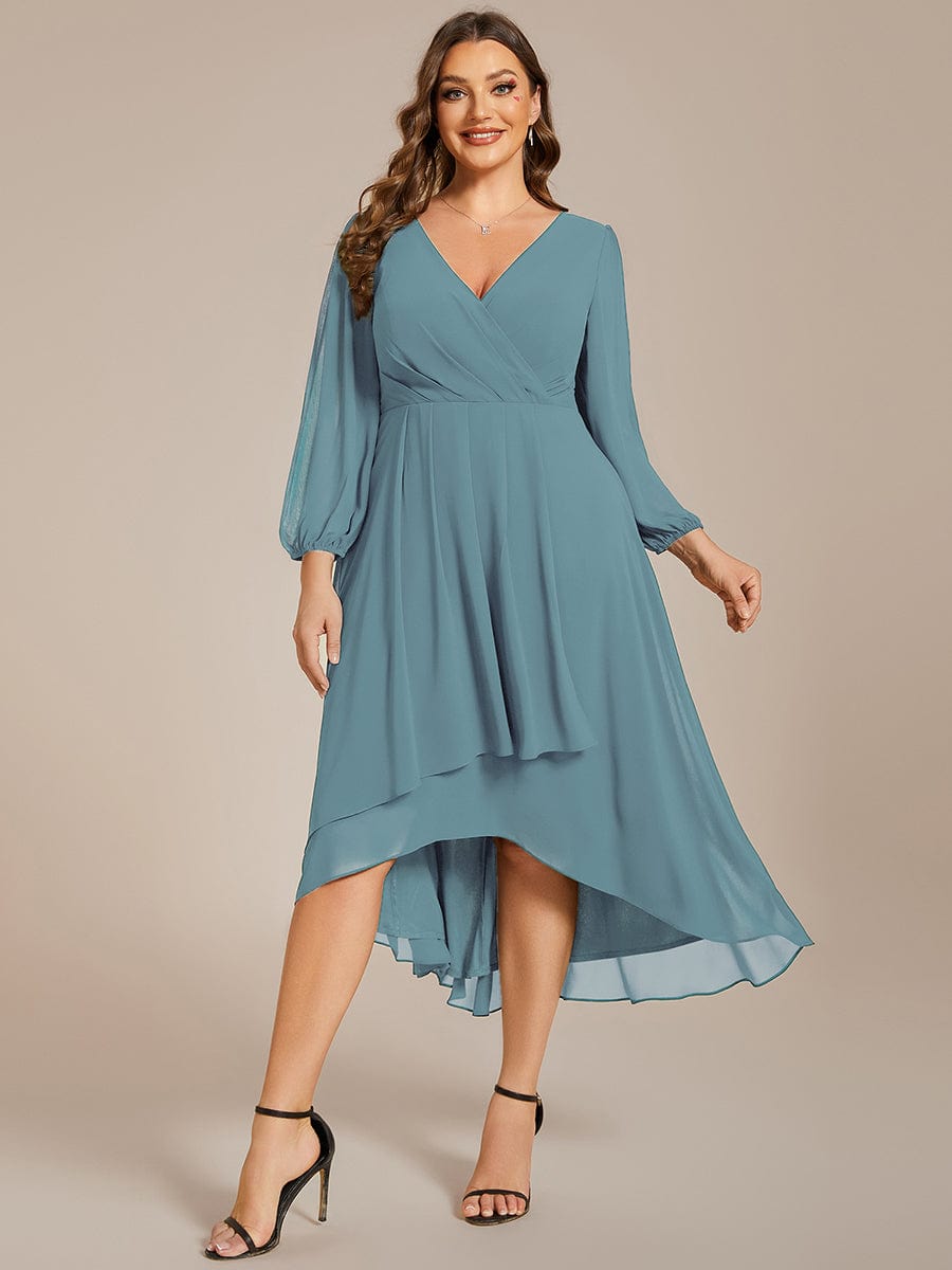 Long Sleeves Asymmetrical Hem A-Line Midi Wedding Guest Dress #color_Light Teal