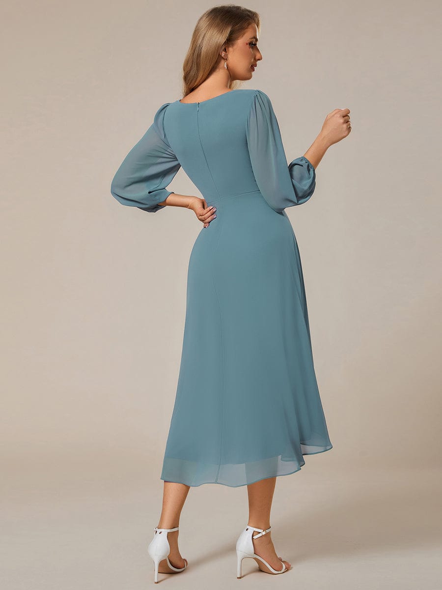 Long Sleeves Asymmetrical Hem A-Line Midi Wedding Guest Dress #color_Light Teal