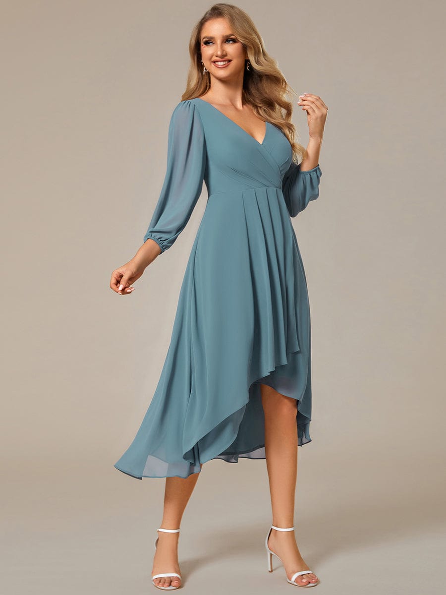 Long Sleeves Asymmetrical Hem A-Line Midi Wedding Guest Dress #color_Light Teal