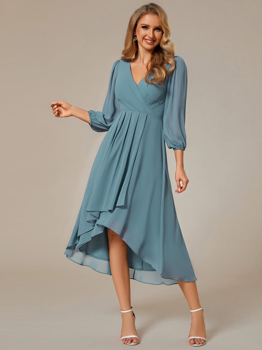 Long Sleeves Asymmetrical Hem A-Line Midi Wedding Guest Dress #color_Light Teal