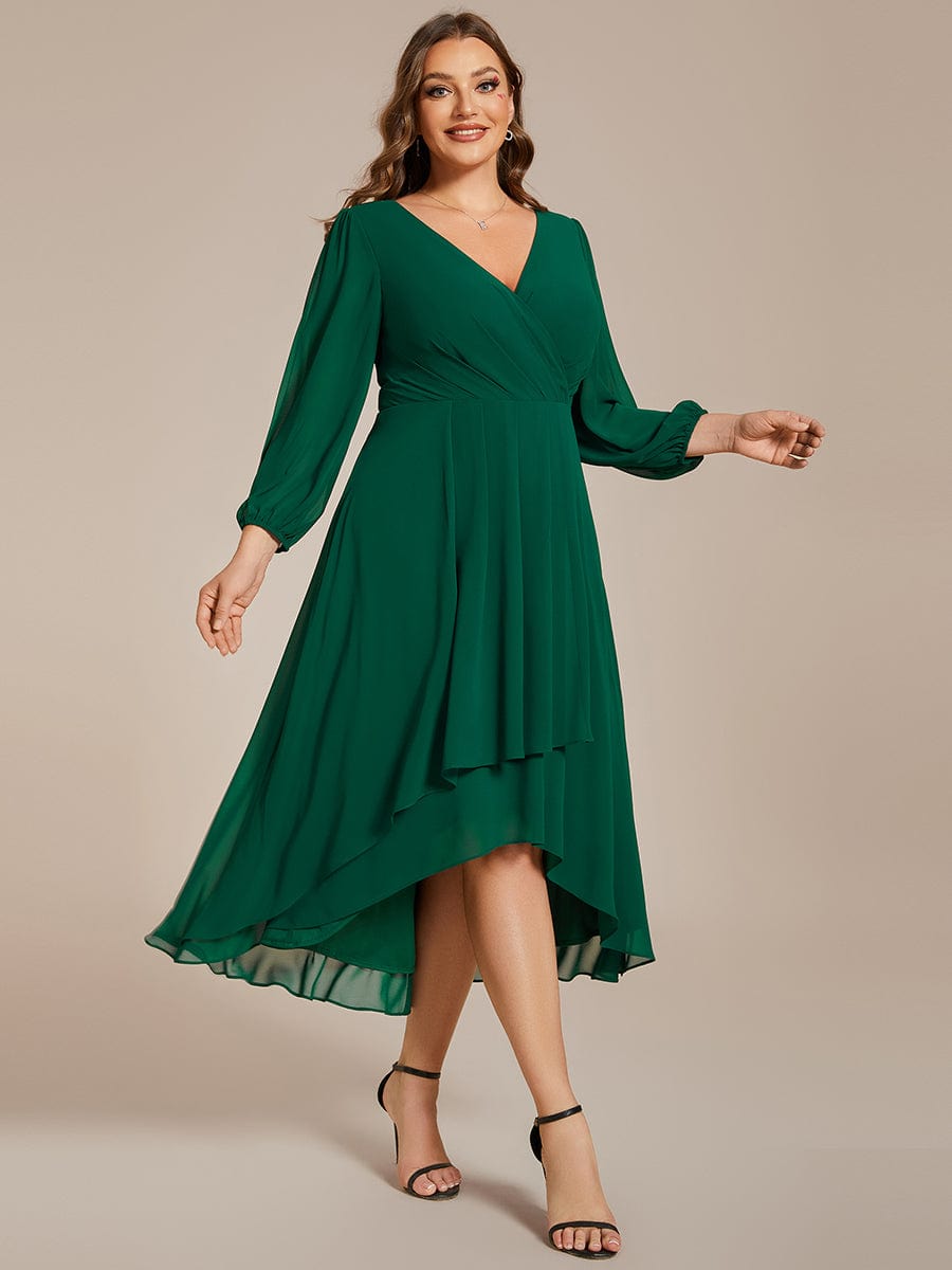 Long Sleeves Asymmetrical Hem A-Line Midi Wedding Guest Dress #color_Dark Green