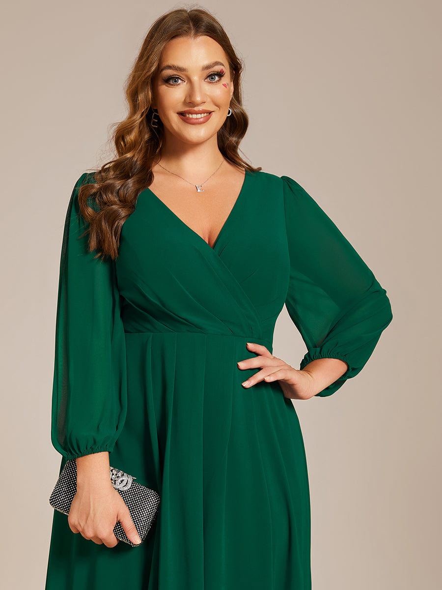 Long Sleeves Asymmetrical Hem A-Line Midi Wedding Guest Dress #color_Dark Green