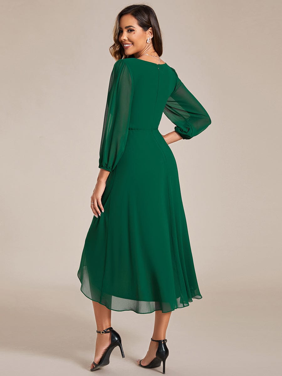 Long Sleeves Asymmetrical Hem A-Line Midi Wedding Guest Dress #color_Dark Green