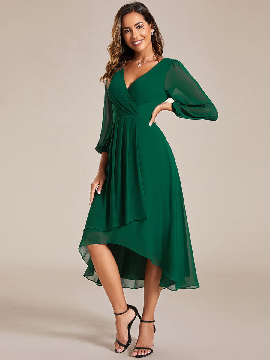 Long Sleeves Asymmetrical Hem A-Line Midi Wedding Guest Dress #color_Dark Green