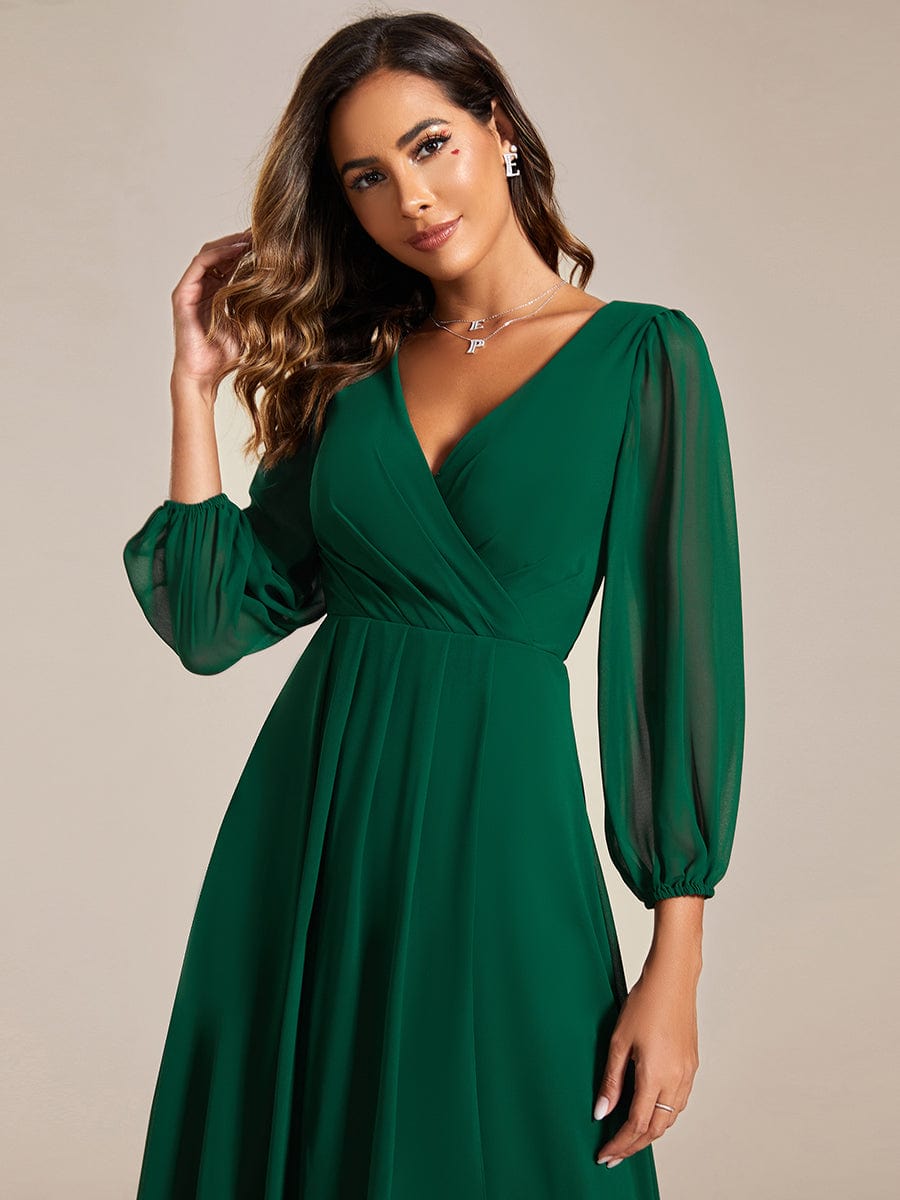 Long Sleeves Asymmetrical Hem A-Line Midi Wedding Guest Dress #color_Dark Green