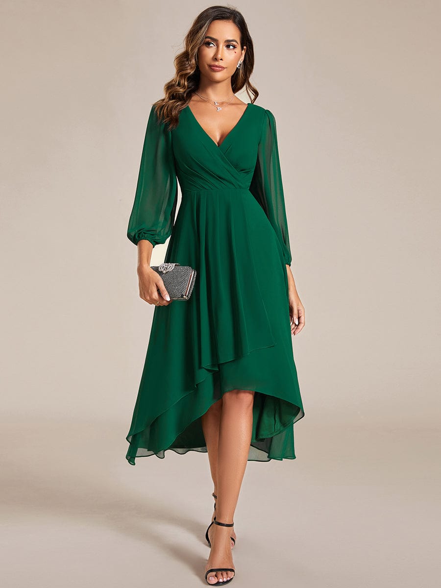 Long Sleeves Asymmetrical Hem A-Line Midi Wedding Guest Dress #color_Dark Green