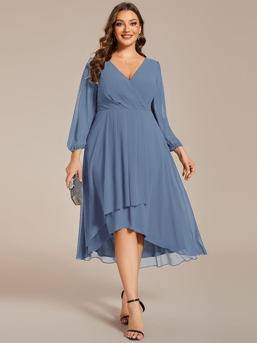 Long Sleeves Asymmetrical Hem A-Line Midi Wedding Guest Dress #color_Dusty Blue