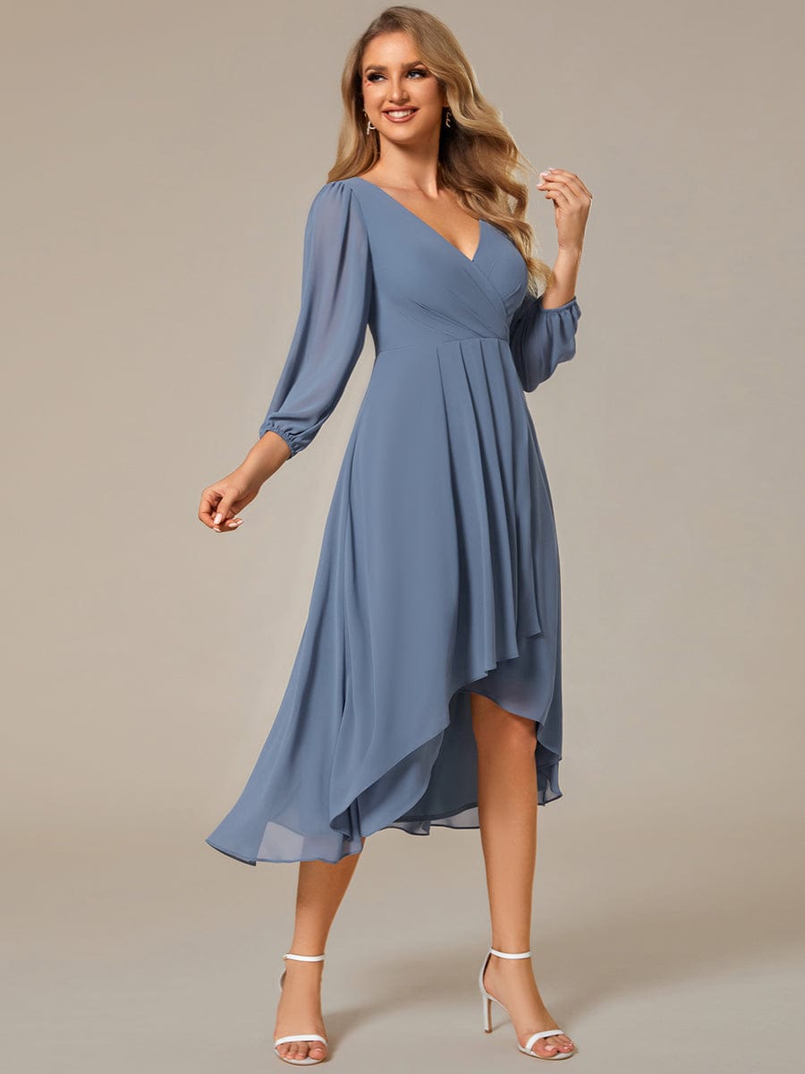 Long Sleeves Asymmetrical Hem A-Line Midi Wedding Guest Dress #color_Dusty Blue