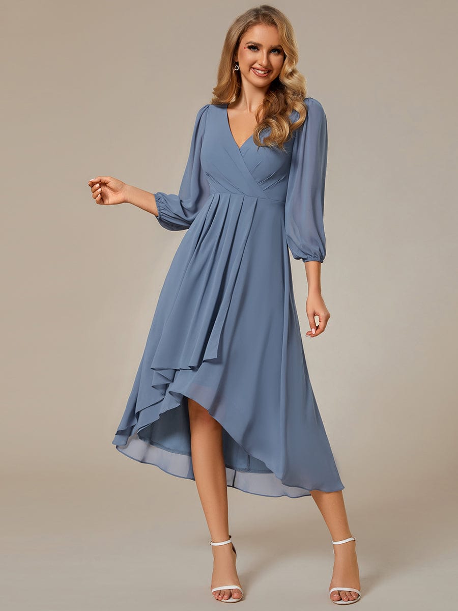 Long Sleeves Asymmetrical Hem A-Line Midi Wedding Guest Dress #color_Dusty Blue