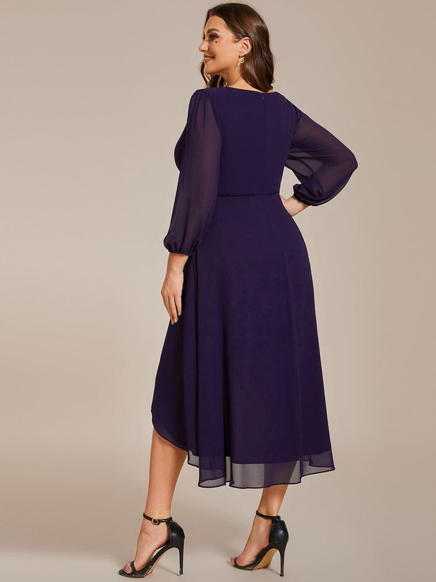 Long Sleeves Asymmetrical Hem A-Line Midi Wedding Guest Dress #color_Dark Purple