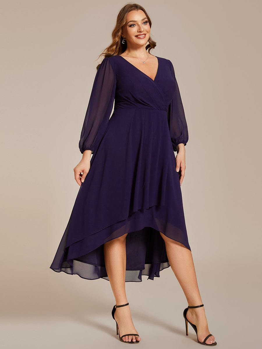 Long Sleeves Asymmetrical Hem A-Line Midi Wedding Guest Dress #color_Dark Purple