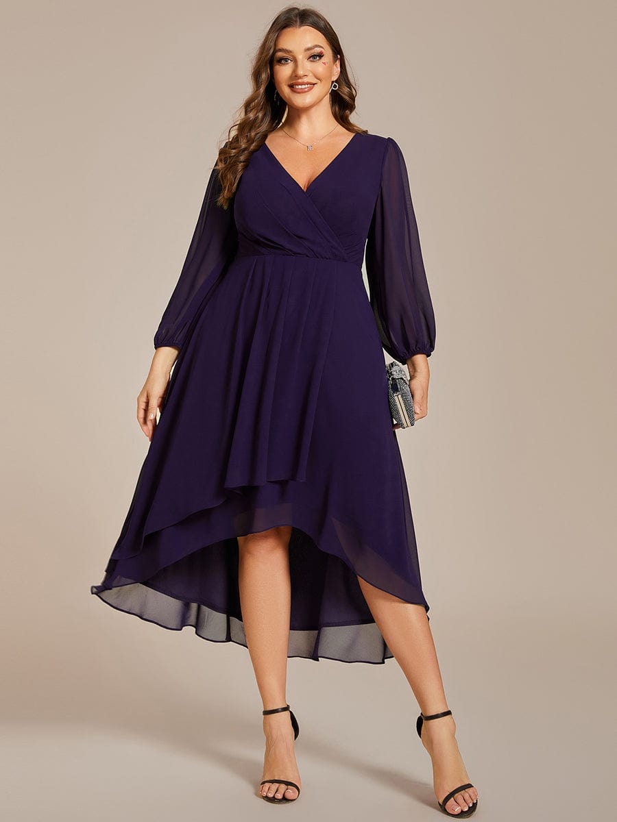 Plus Size Chiffon A-Line Long Sleeves Asymmetrical Hem Wedding Guest Dress #color_Dark Purple