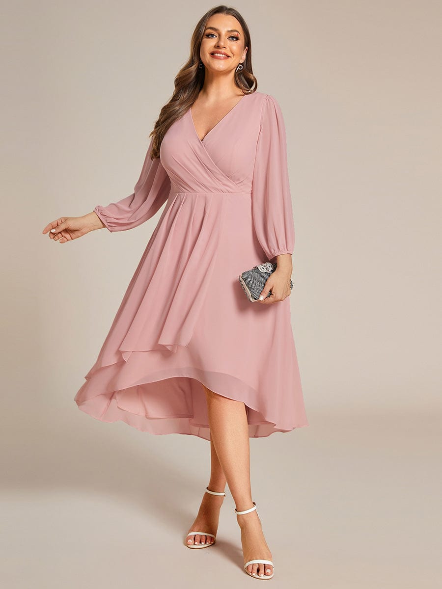 Plus Size Chiffon A-Line Long Sleeves Asymmetrical Hem Wedding Guest Dress #color_Dusty Rose