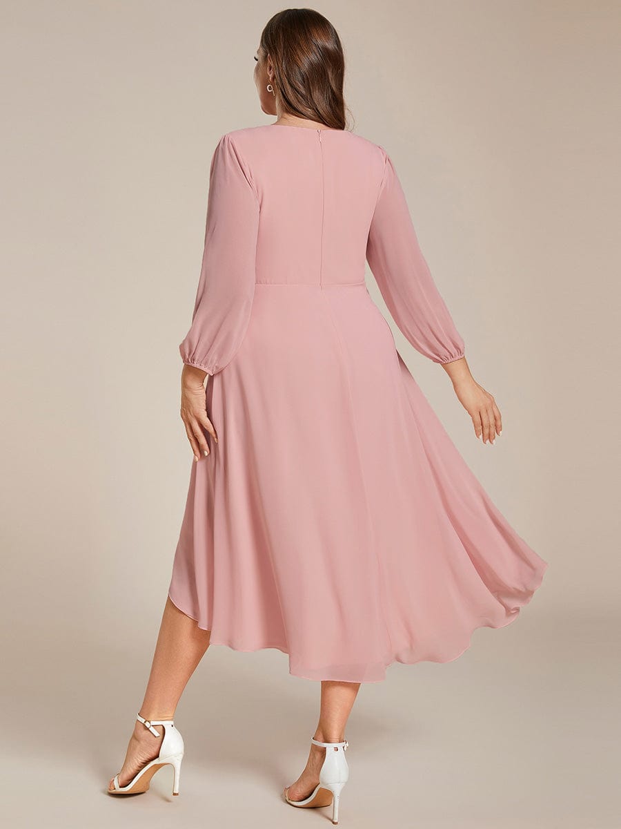 Plus Size Chiffon A-Line Long Sleeves Asymmetrical Hem Wedding Guest Dress #color_Dusty Rose