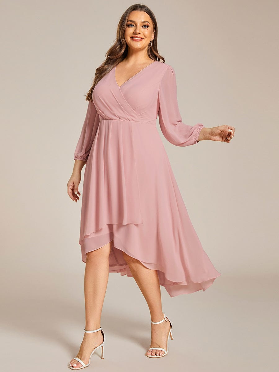 Plus Size Chiffon A-Line Long Sleeves Asymmetrical Hem Wedding Guest Dress #color_Dusty Rose