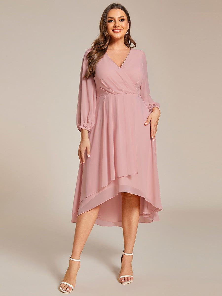 Plus Size Chiffon A-Line Long Sleeves Asymmetrical Hem Wedding Guest Dress #color_Dusty Rose