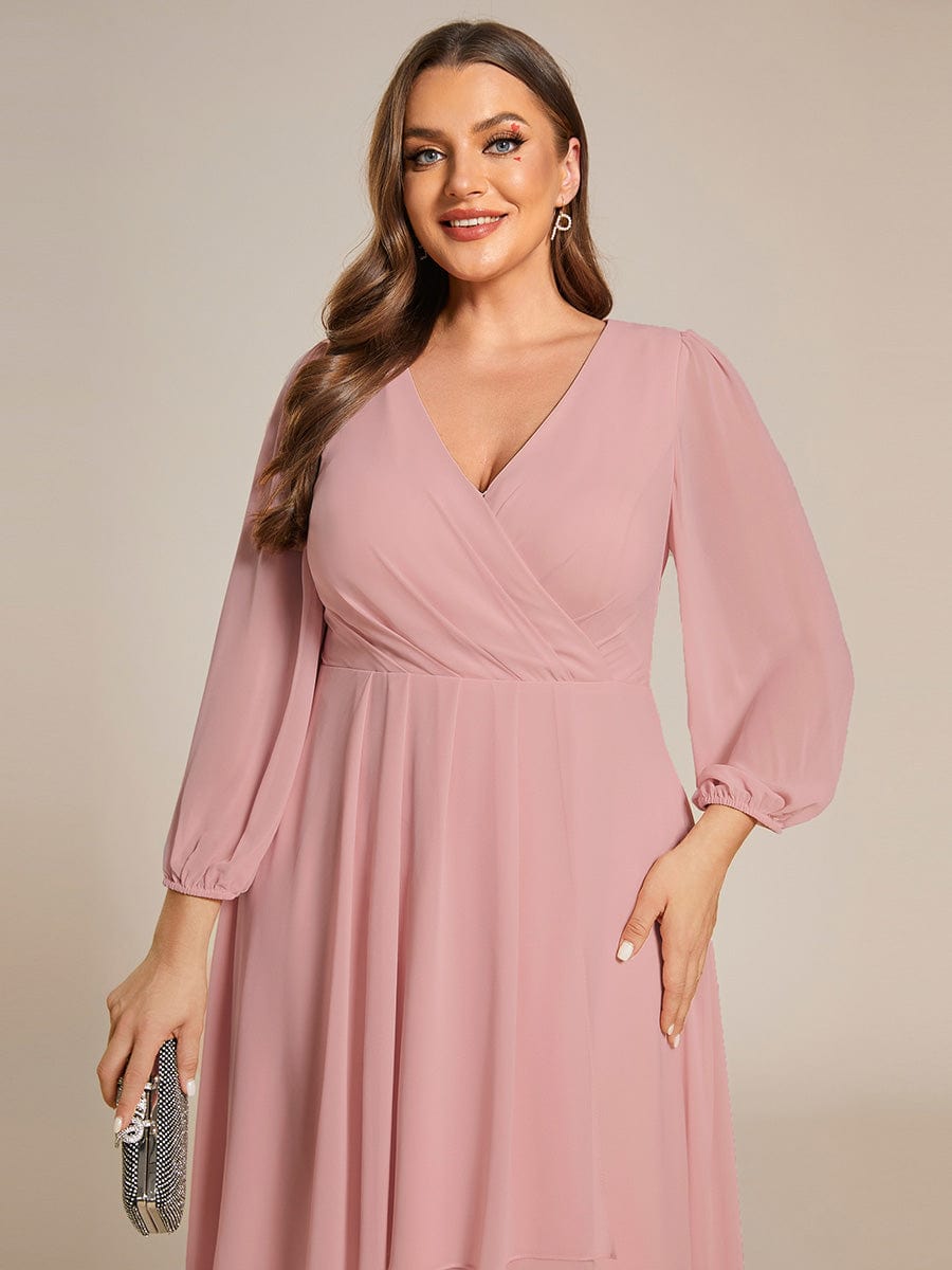 Plus Size Chiffon A-Line Long Sleeves Asymmetrical Hem Wedding Guest Dress #color_Dusty Rose