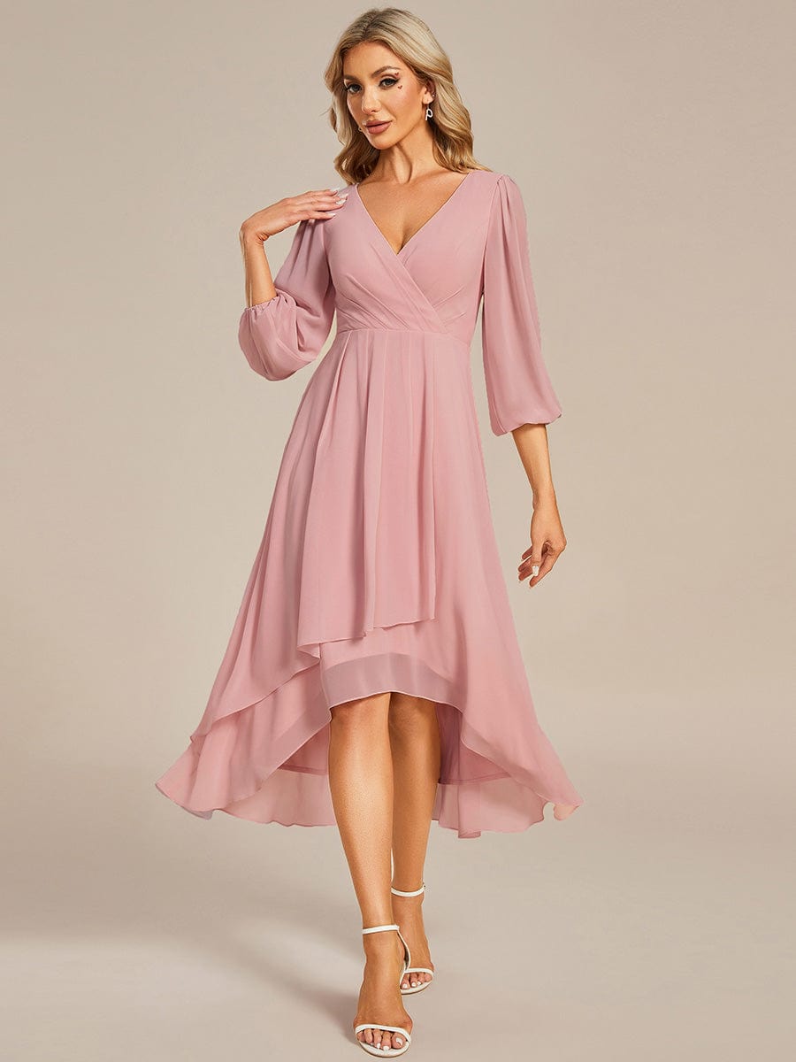 Long Sleeves Asymmetrical Hem A-Line Midi Wedding Guest Dress #color_Dusty Rose