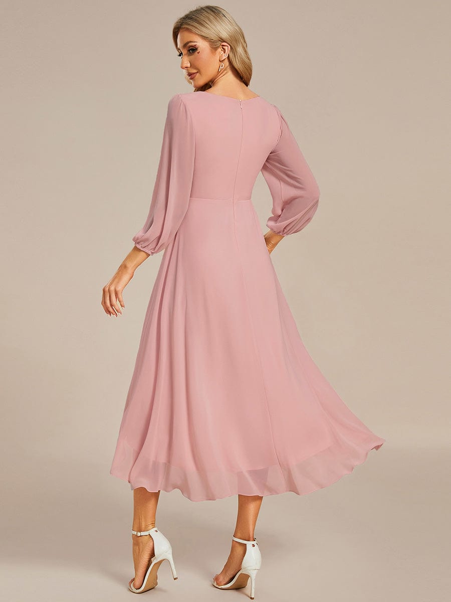 Long Sleeves Asymmetrical Hem A-Line Midi Wedding Guest Dress #color_Dusty Rose