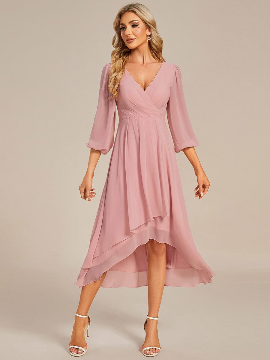 Long Sleeves Asymmetrical Hem A-Line Midi Wedding Guest Dress #color_Dusty Rose