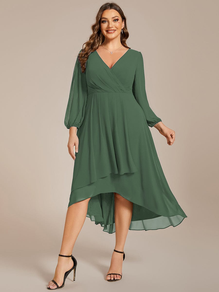 Plus Size Chiffon A-Line Long Sleeves Asymmetrical Hem Wedding Guest Dress #color_Eucalyptus