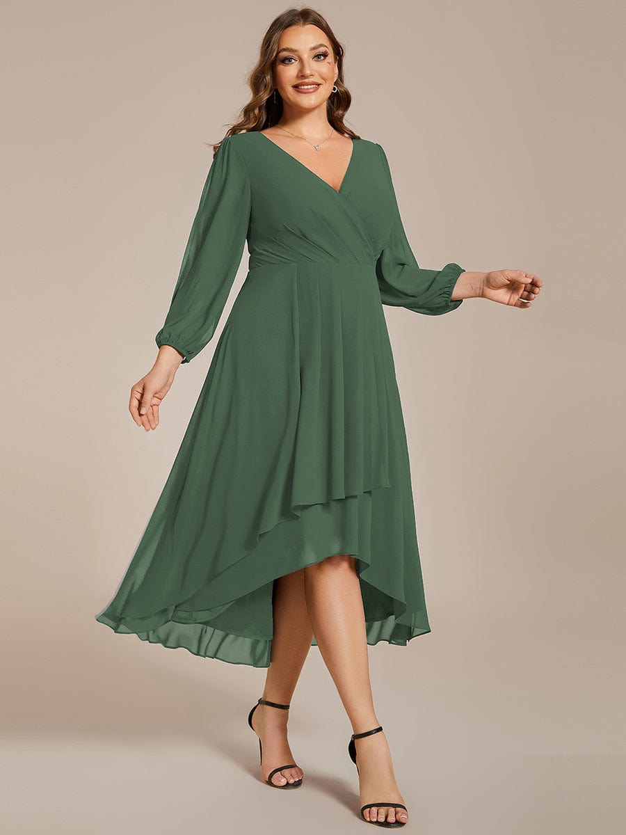 Plus Size Chiffon A-Line Long Sleeves Asymmetrical Hem Wedding Guest Dress #color_Eucalyptus