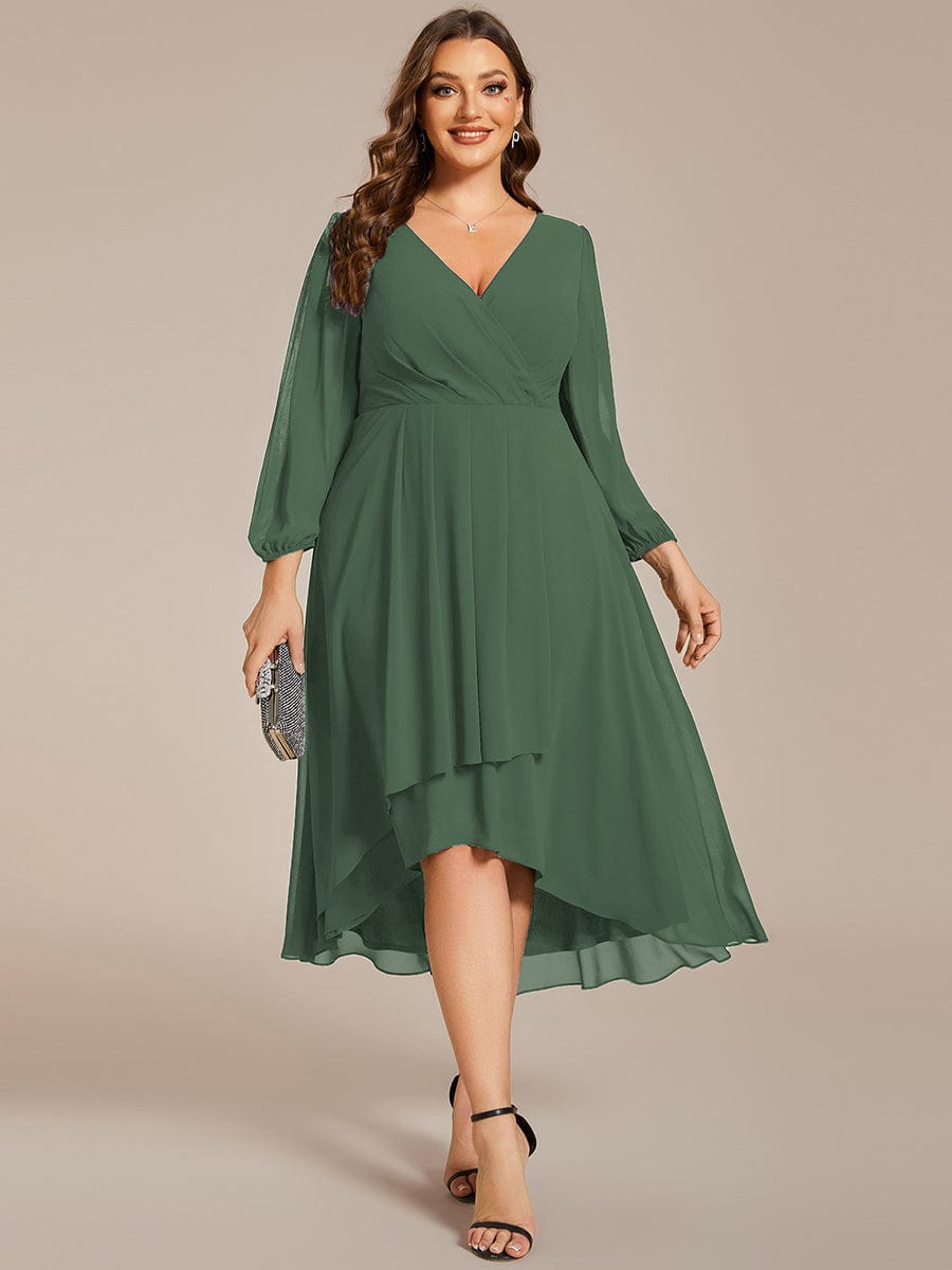 Plus Size Chiffon A-Line Long Sleeves Asymmetrical Hem Wedding Guest Dress #color_Eucalyptus