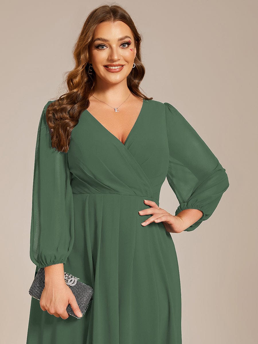 Plus Size Chiffon A-Line Long Sleeves Asymmetrical Hem Wedding Guest Dress #color_Eucalyptus