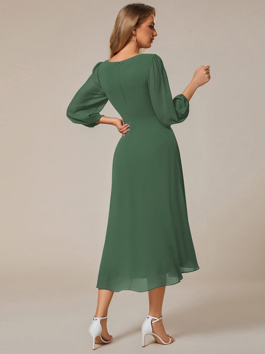 Long Sleeves Asymmetrical Hem A-Line Midi Wedding Guest Dress #color_Eucalyptus