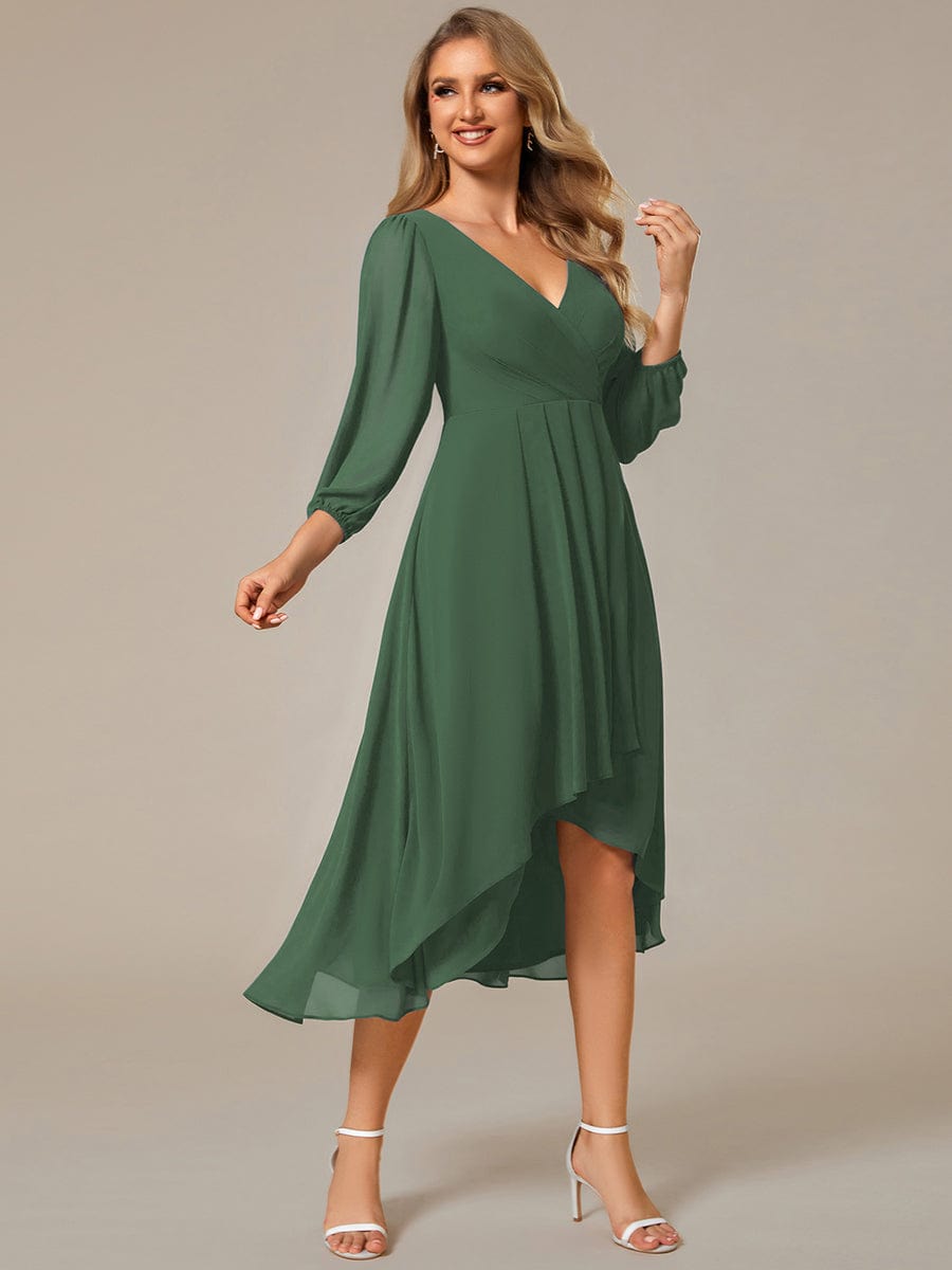 Long Sleeves Asymmetrical Hem A-Line Midi Wedding Guest Dress #color_Eucalyptus