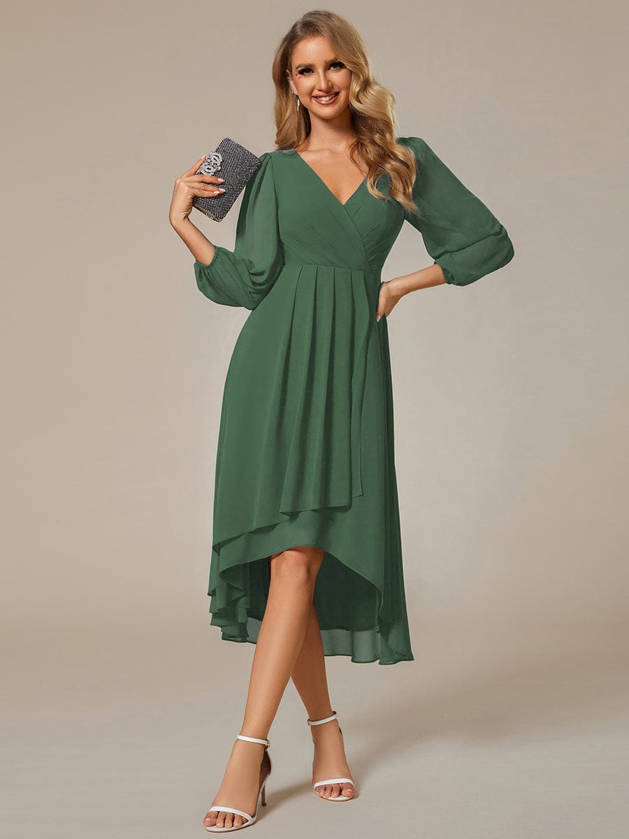 Long Sleeves Asymmetrical Hem A-Line Midi Wedding Guest Dress #color_Eucalyptus