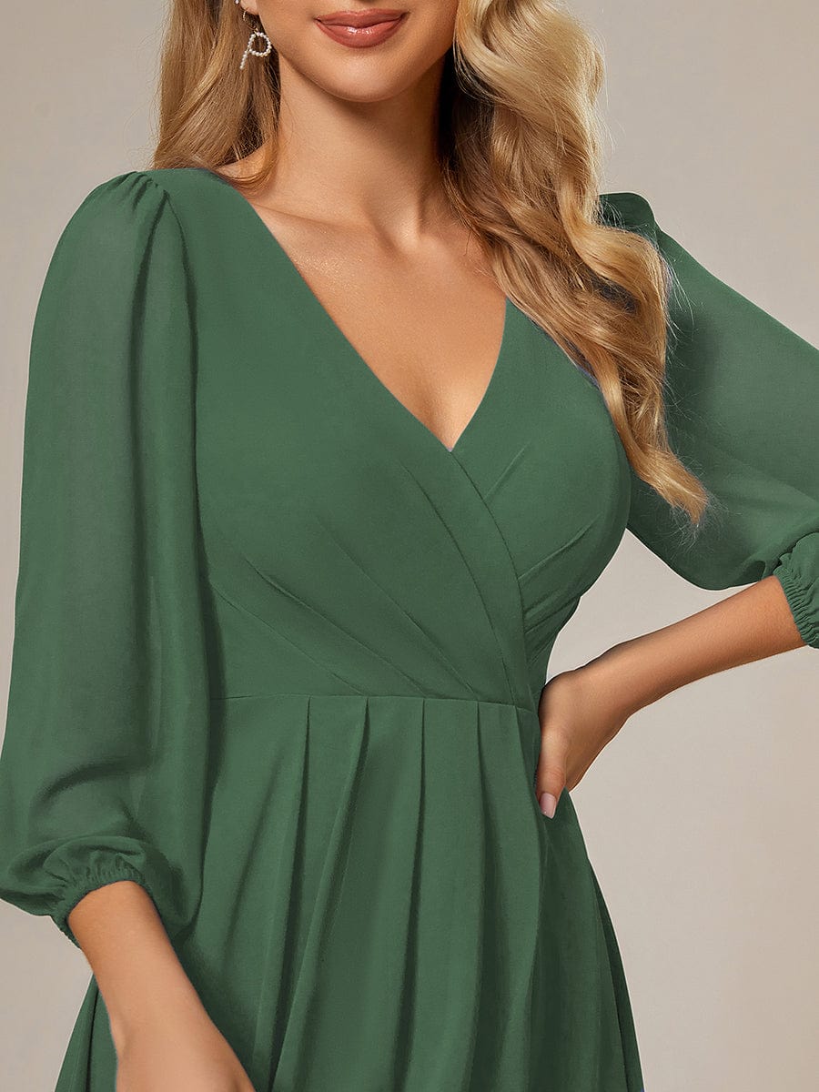 Long Sleeves Asymmetrical Hem A-Line Midi Wedding Guest Dress #color_Eucalyptus