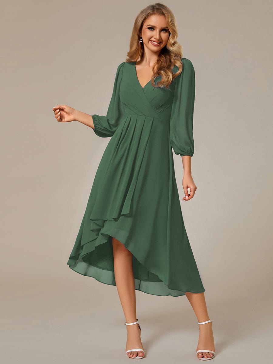 Long Sleeves Asymmetrical Hem A-Line Midi Wedding Guest Dress #color_Eucalyptus