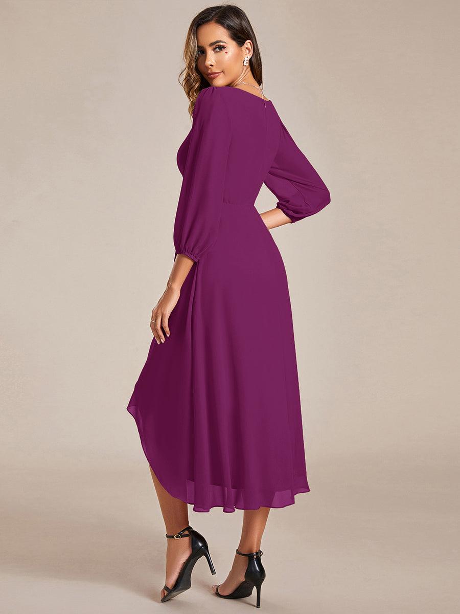 See-Through Long Sleeves V-Neck A-Line Chiffon Wedding Guest Dress #color_Fuchsia