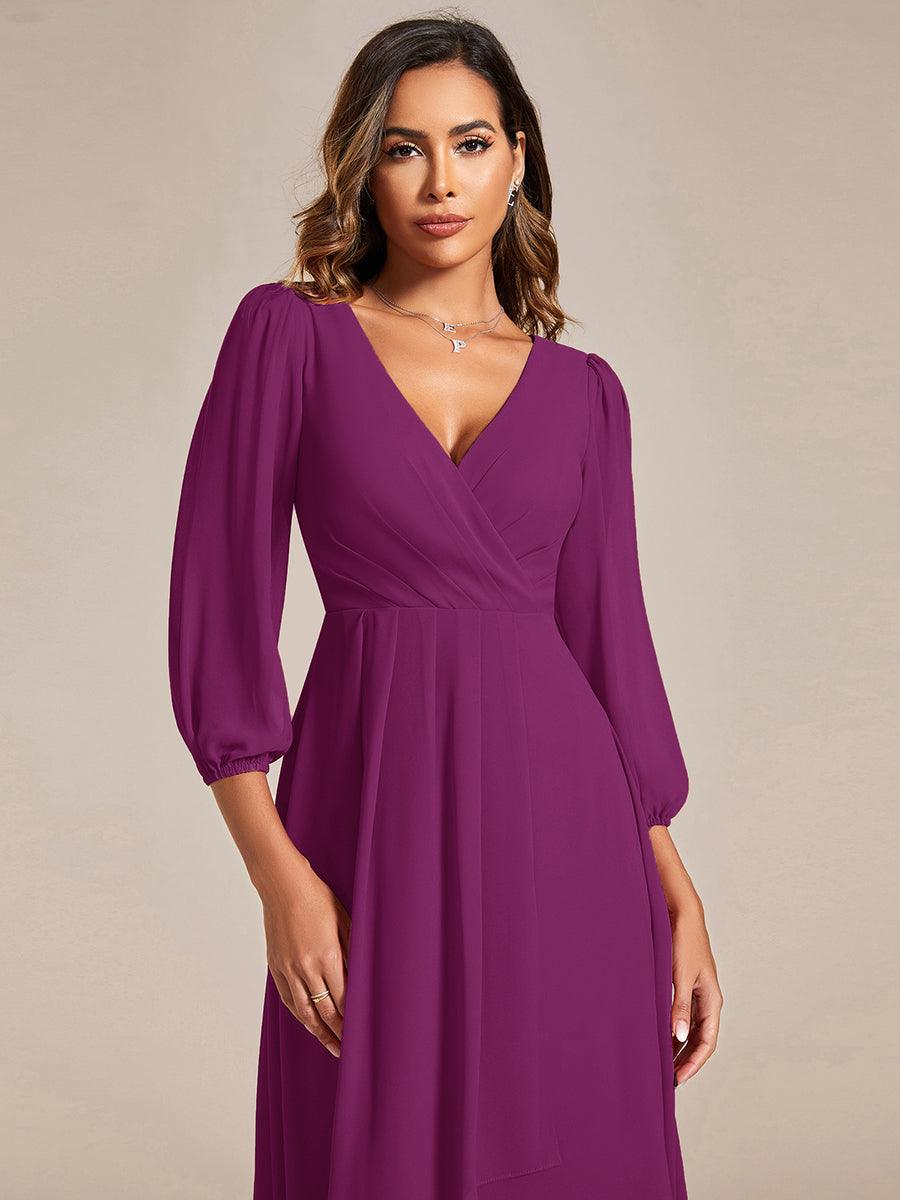 See-Through Long Sleeves V-Neck A-Line Chiffon Wedding Guest Dress #color_Fuchsia