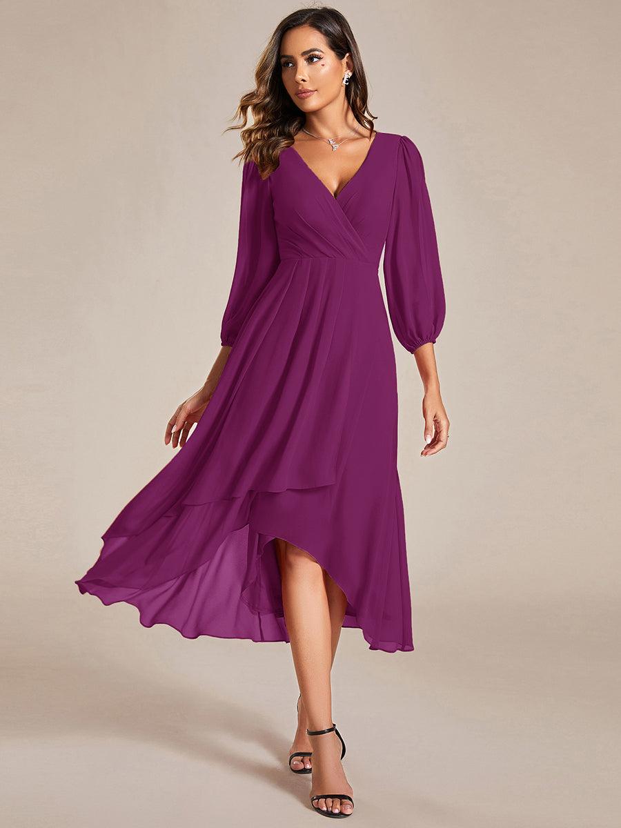 See-Through Long Sleeves V-Neck A-Line Chiffon Wedding Guest Dress #color_Fuchsia