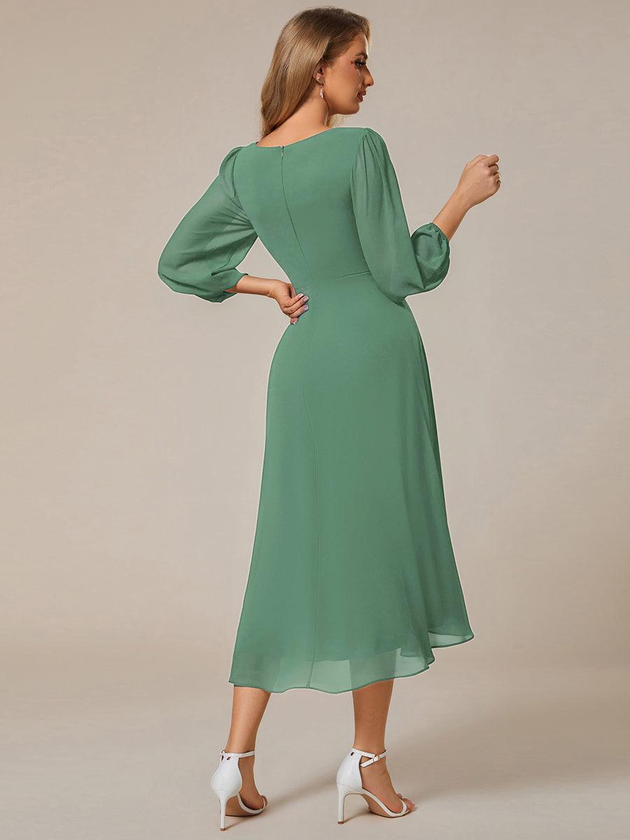 See-Through Long Sleeves V-Neck A-Line Chiffon Wedding Guest Dress #color_Green Bean