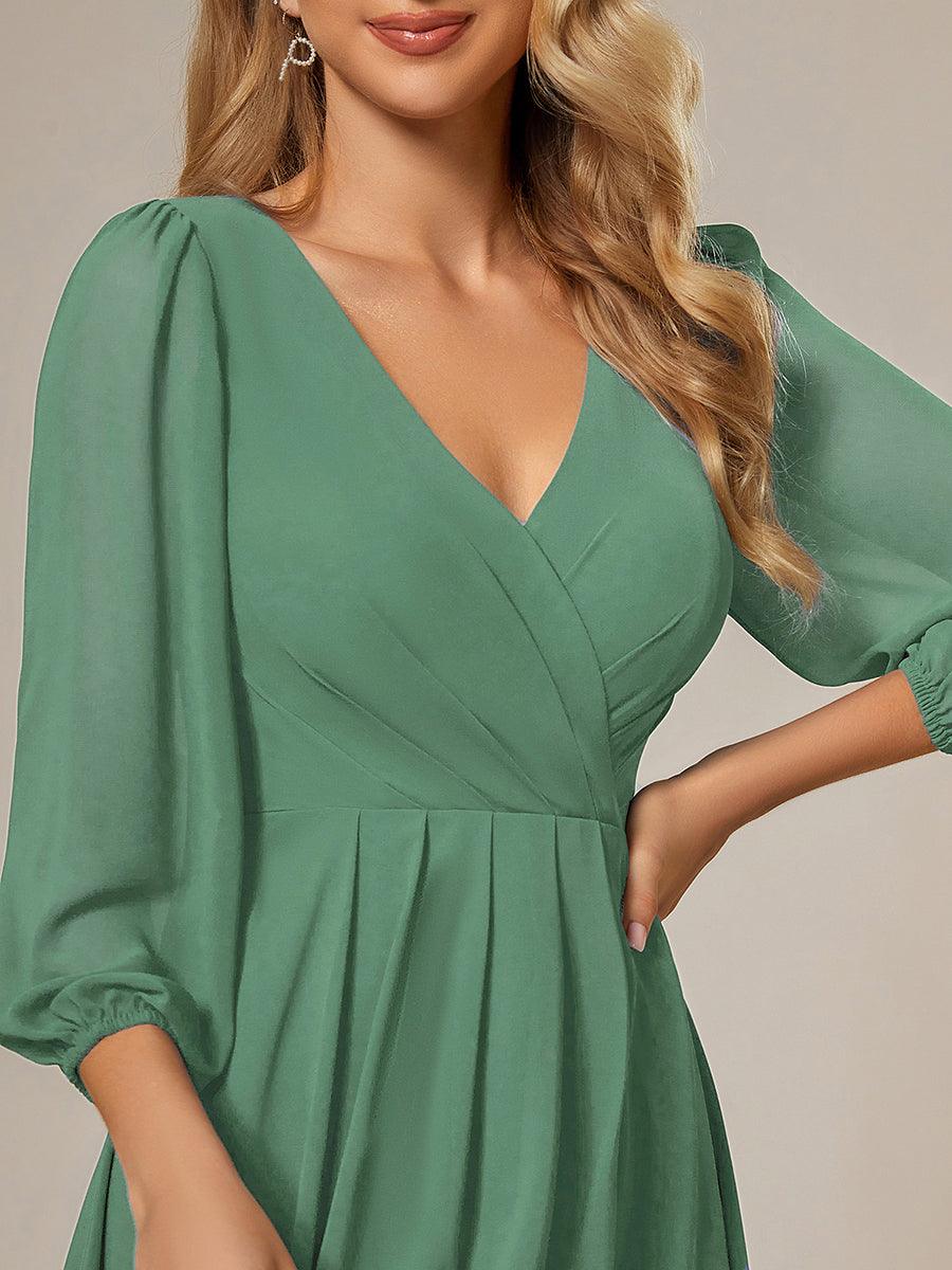 See-Through Long Sleeves V-Neck A-Line Chiffon Wedding Guest Dress #color_Green Bean