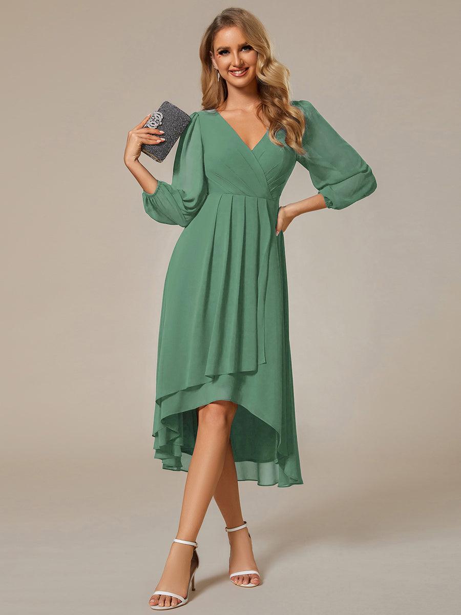 See-Through Long Sleeves V-Neck A-Line Chiffon Wedding Guest Dress #color_Green Bean