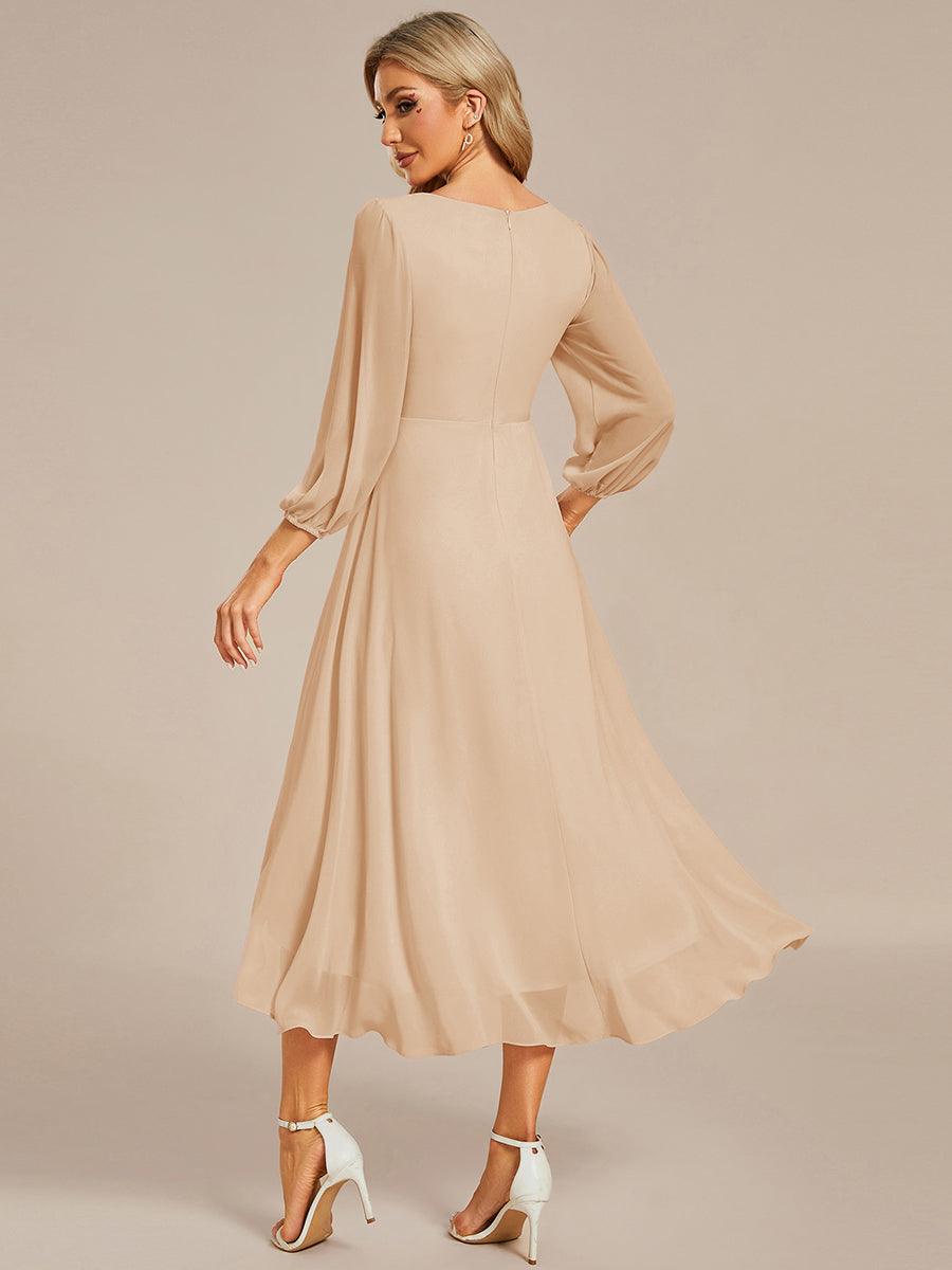 See-Through Long Sleeves V-Neck A-Line Chiffon Wedding Guest Dress #color_Gold