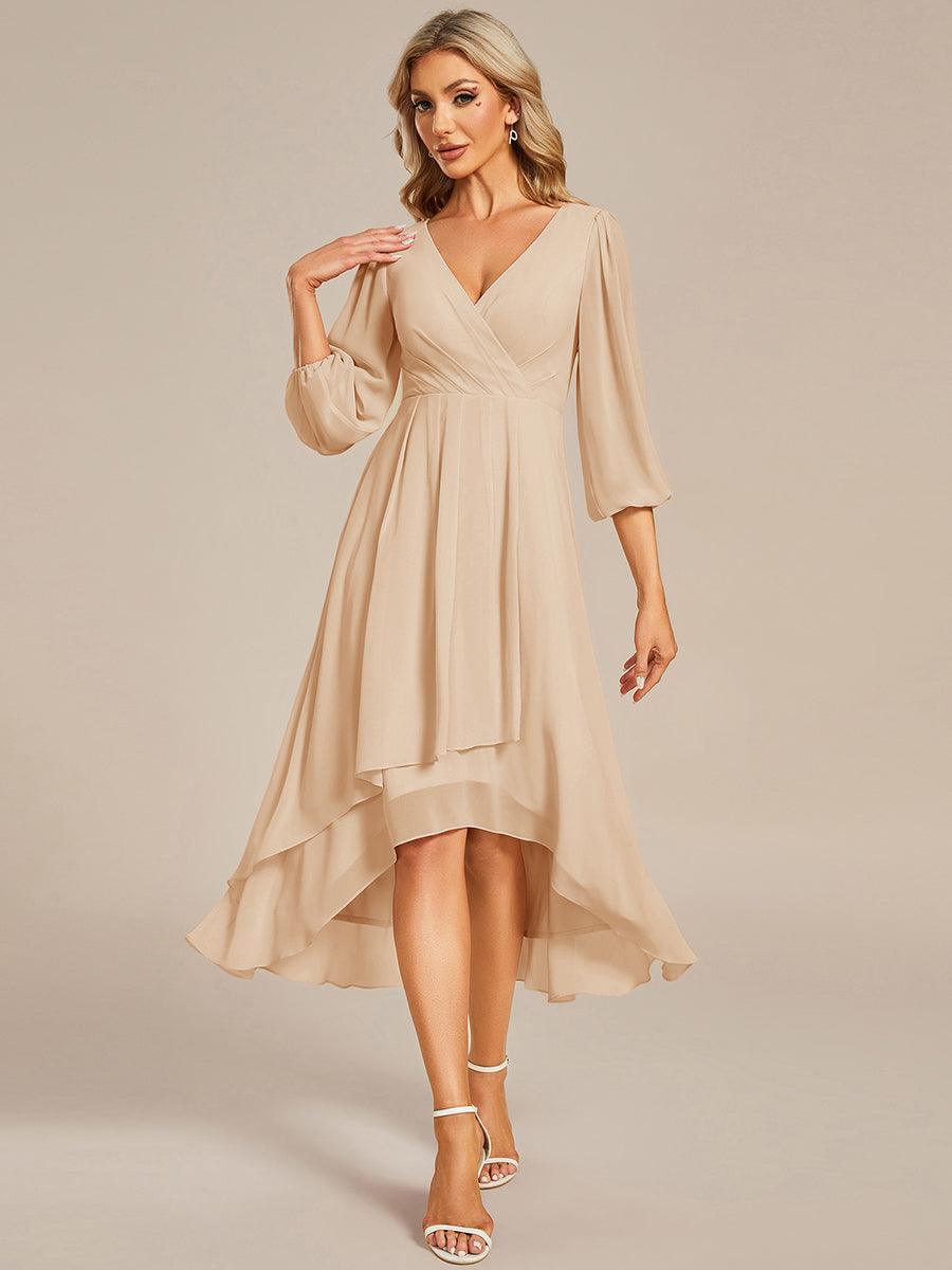 See-Through Long Sleeves V-Neck A-Line Chiffon Wedding Guest Dress #color_Gold