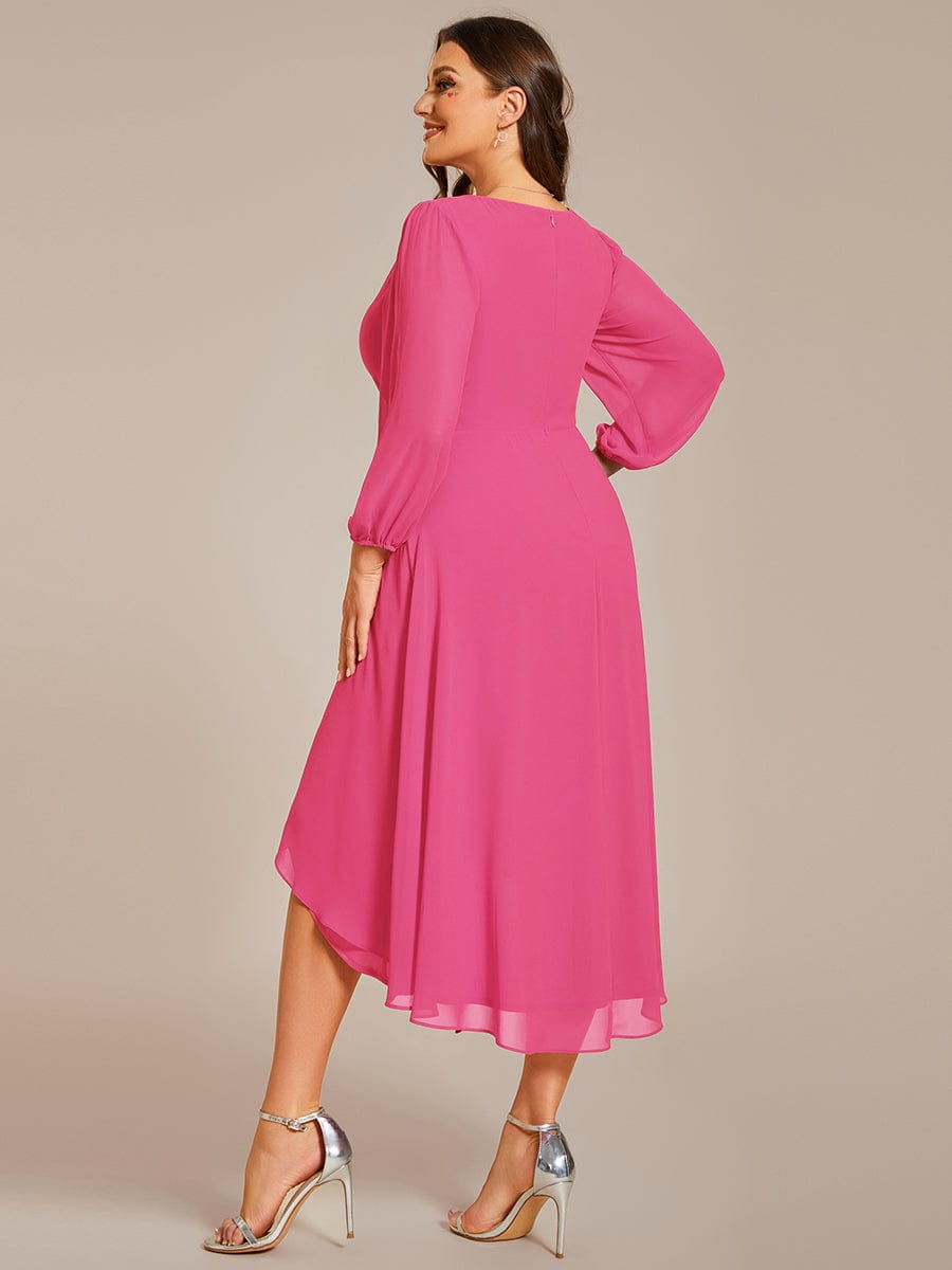 Plus Size Chiffon A-Line Long Sleeves Asymmetrical Hem Wedding Guest Dress #color_Hot Pink